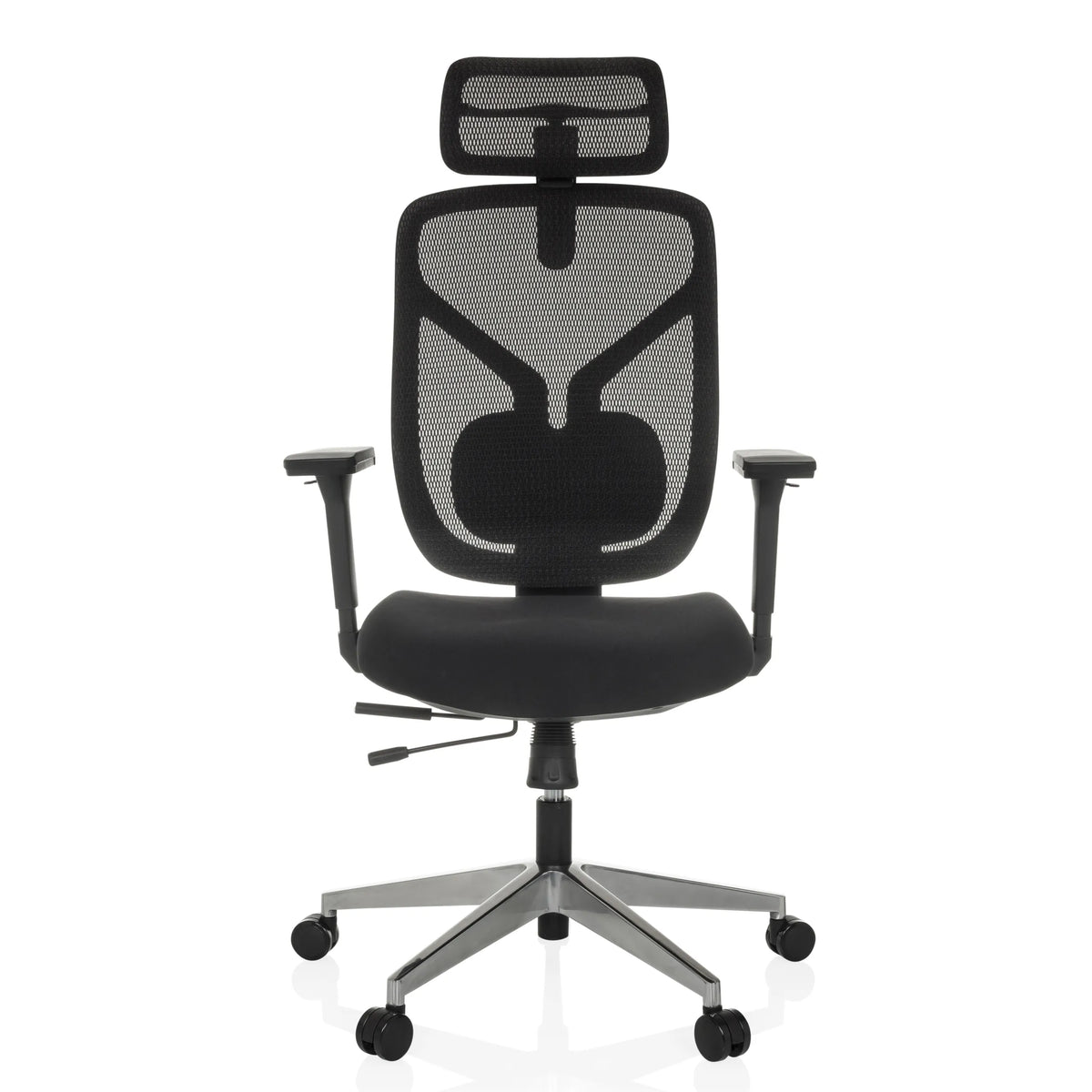 High-end Sedia da ufficio CASSILIS B nera con schienale in rete e base a cinque ruote di hjh OFFICE – vista a 360° (vista frontale 0°)