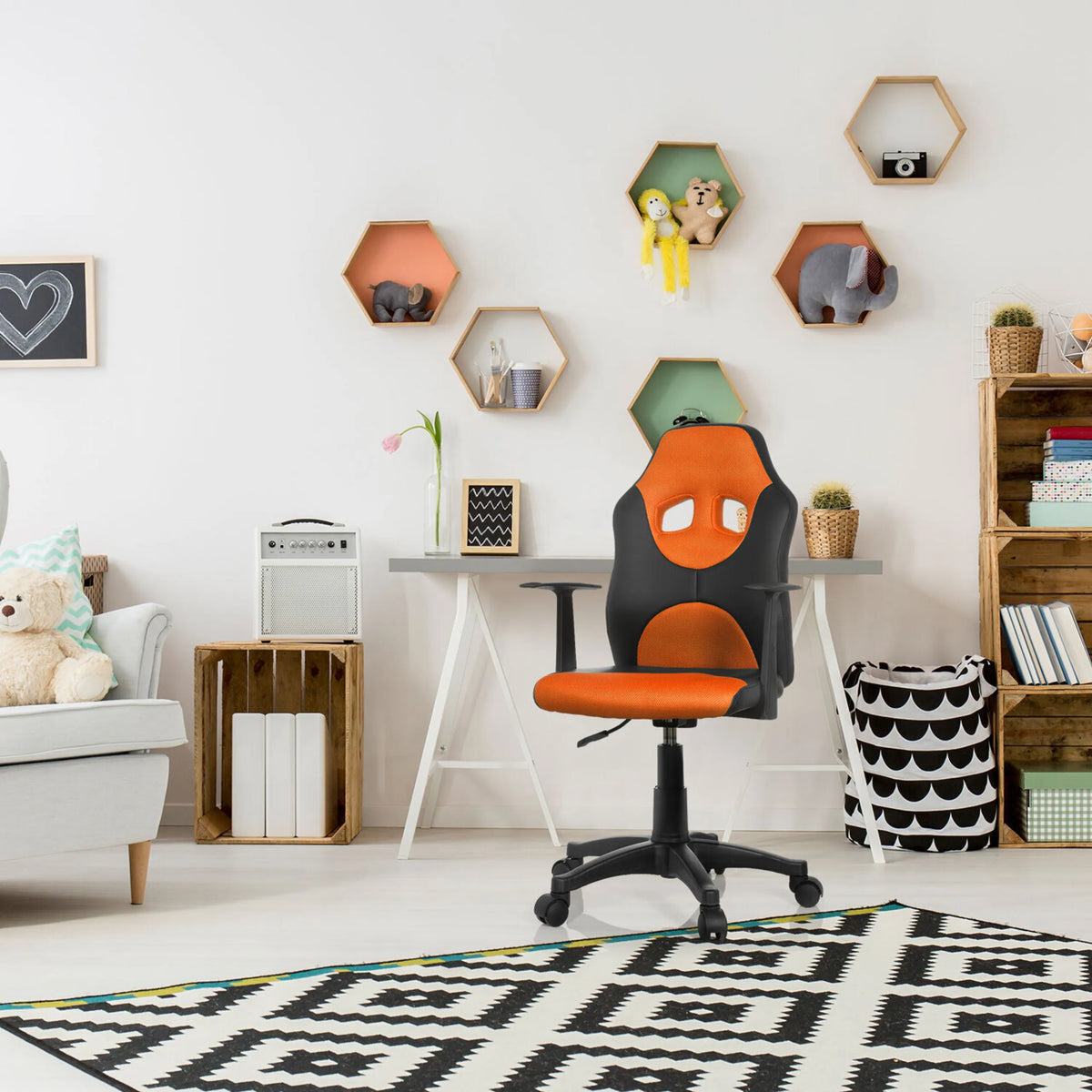 Sedia girevole per bambini KID GAME AL in nero e arancione con ruote e braccioli di hjh OFFICE