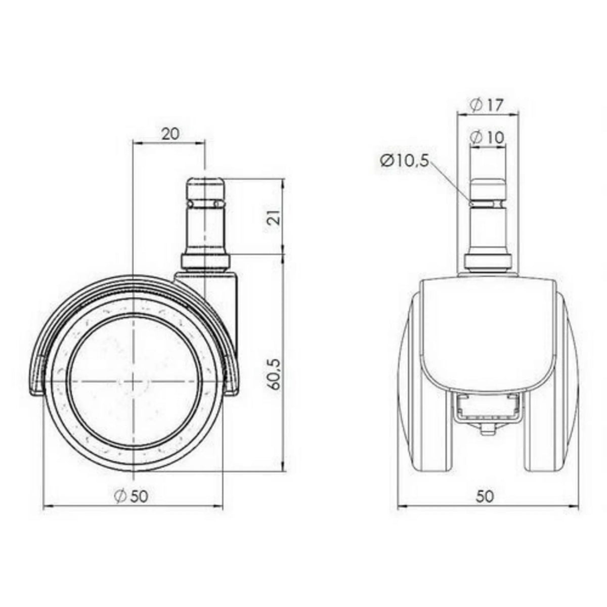 Disegno tecnico delle Rotelle per Sedia 5x ROLO FIX 10mm/50mm con un diametro di 50 mm di hjh OFFICE