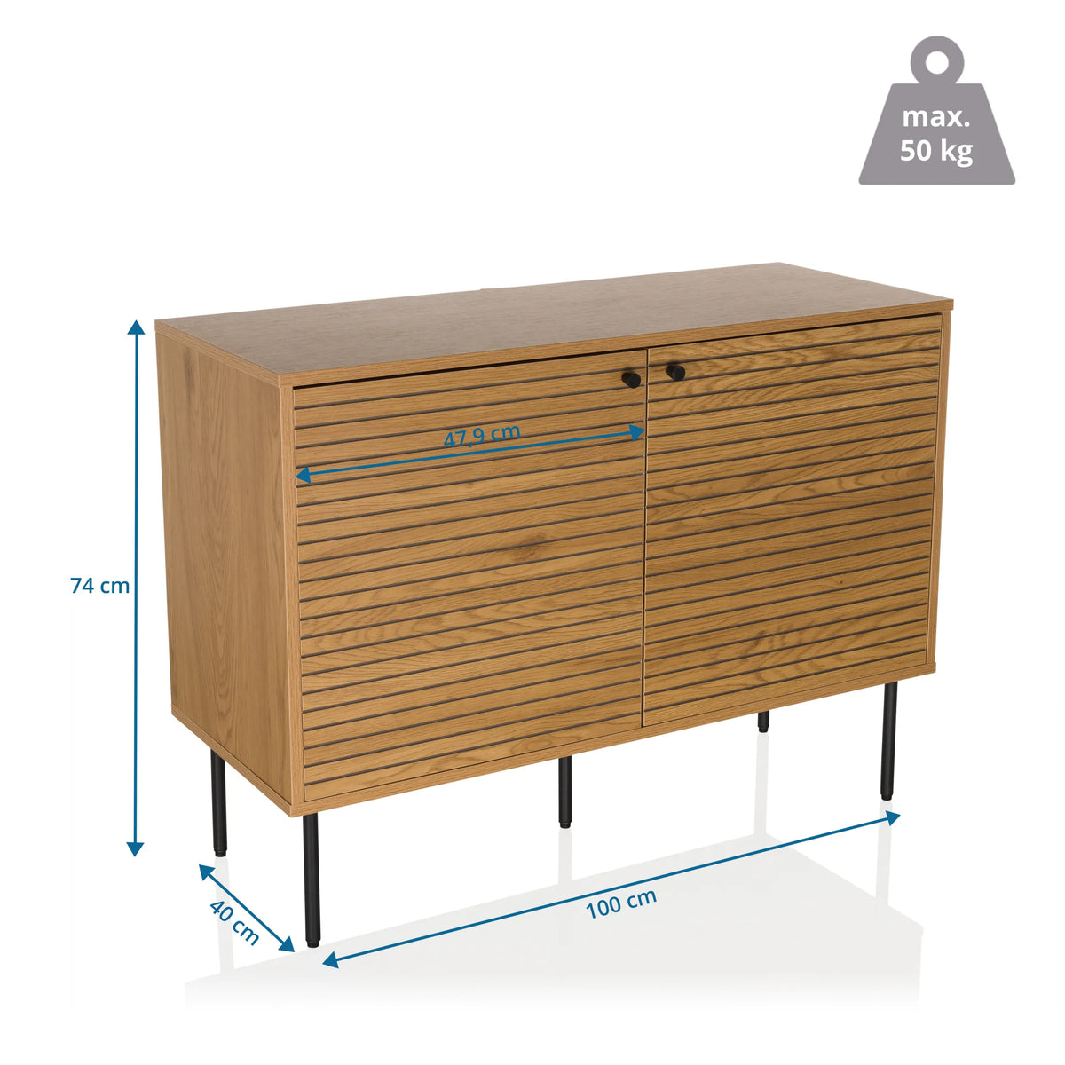 Disegno tecnico della Madia LINNO S di 100 × 74 cm con una capacità di carico di 50 kg di hjh LIVING