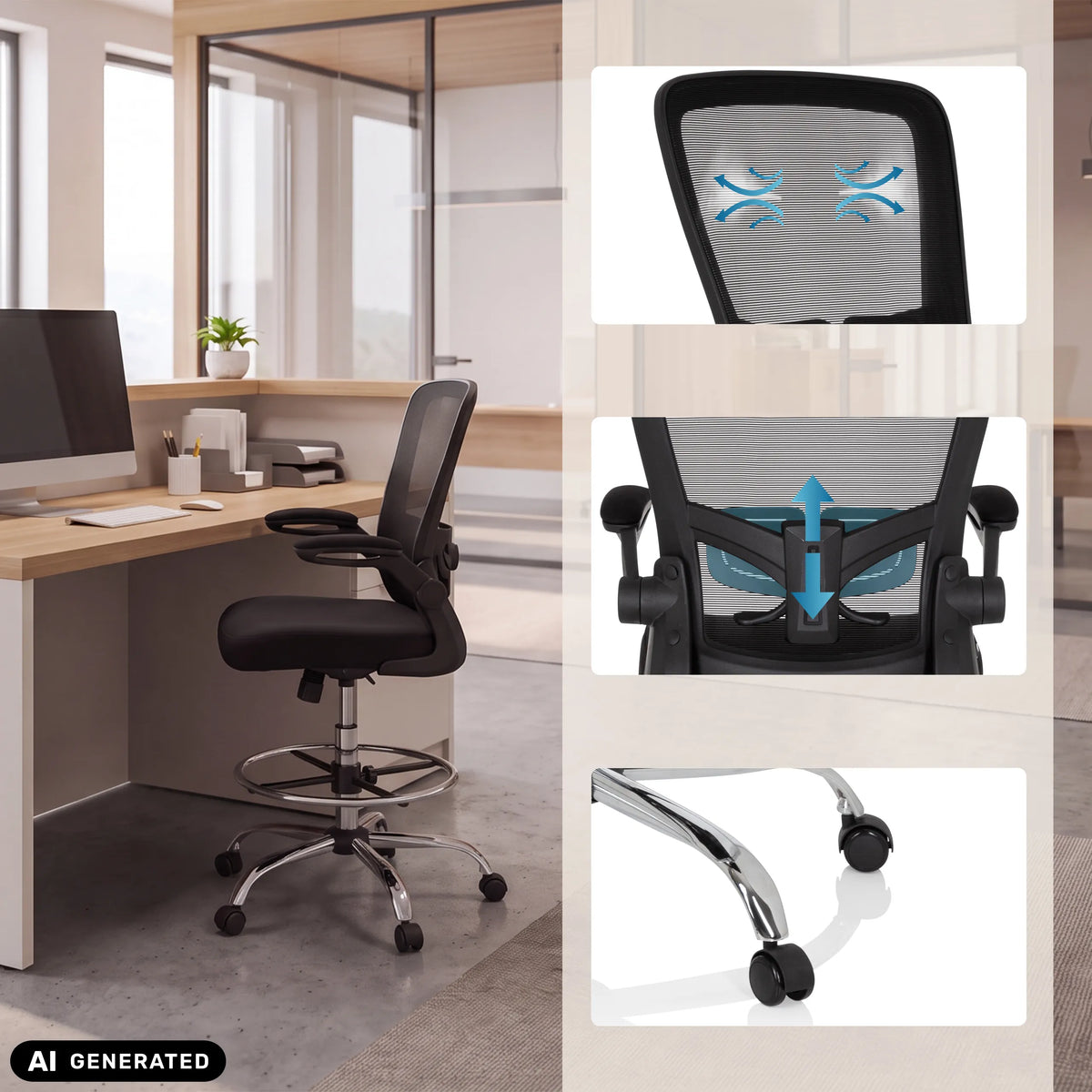 Sedia da banco VENDO WORK in nero con dettagli dello schienale e delle ruote di hjh OFFICE (immagine generata dall’IA)