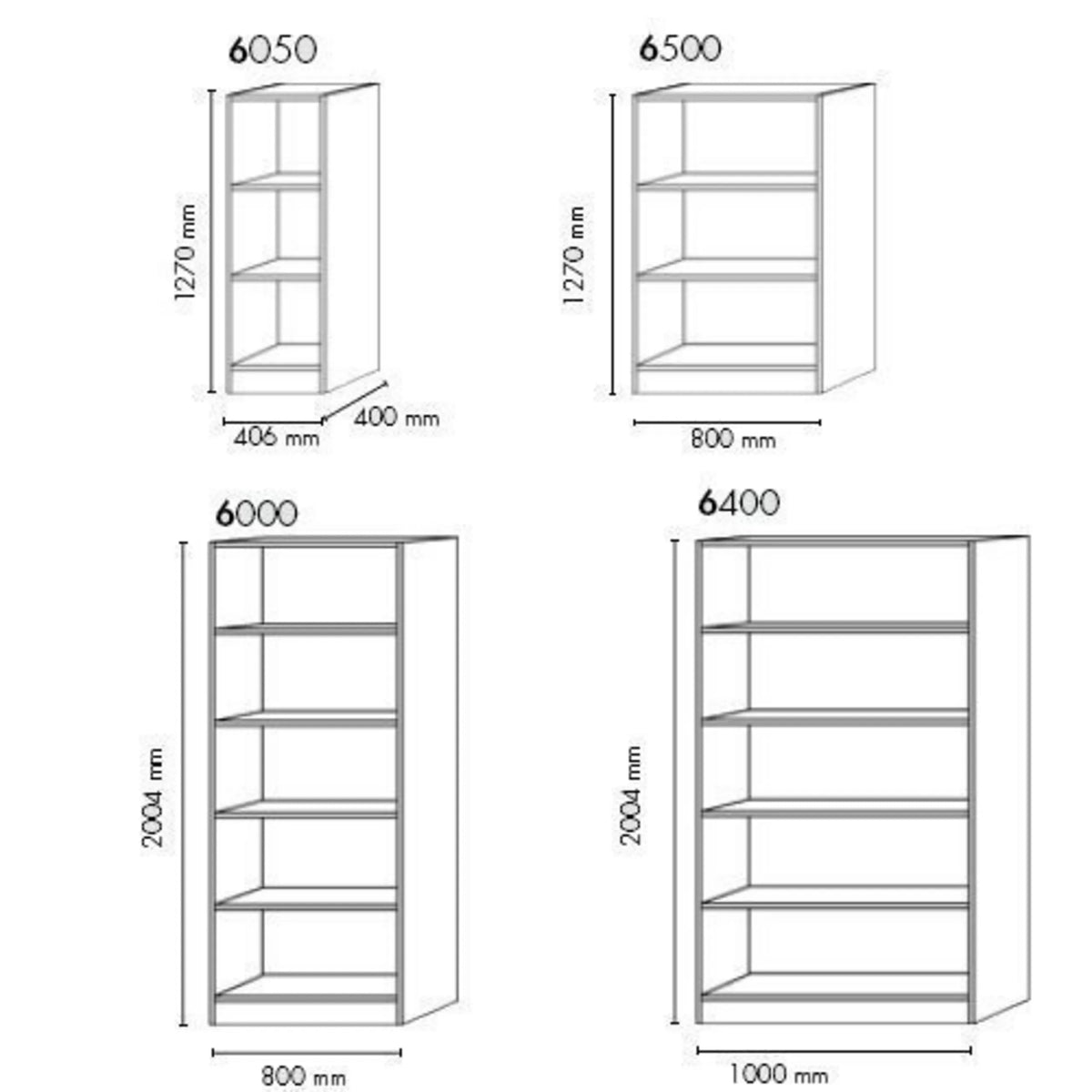 Disegno tecnico degli scaffali SIGNA 6010 in quattro versioni fino a 2004 mm di altezza di hjh OFFICE PRO