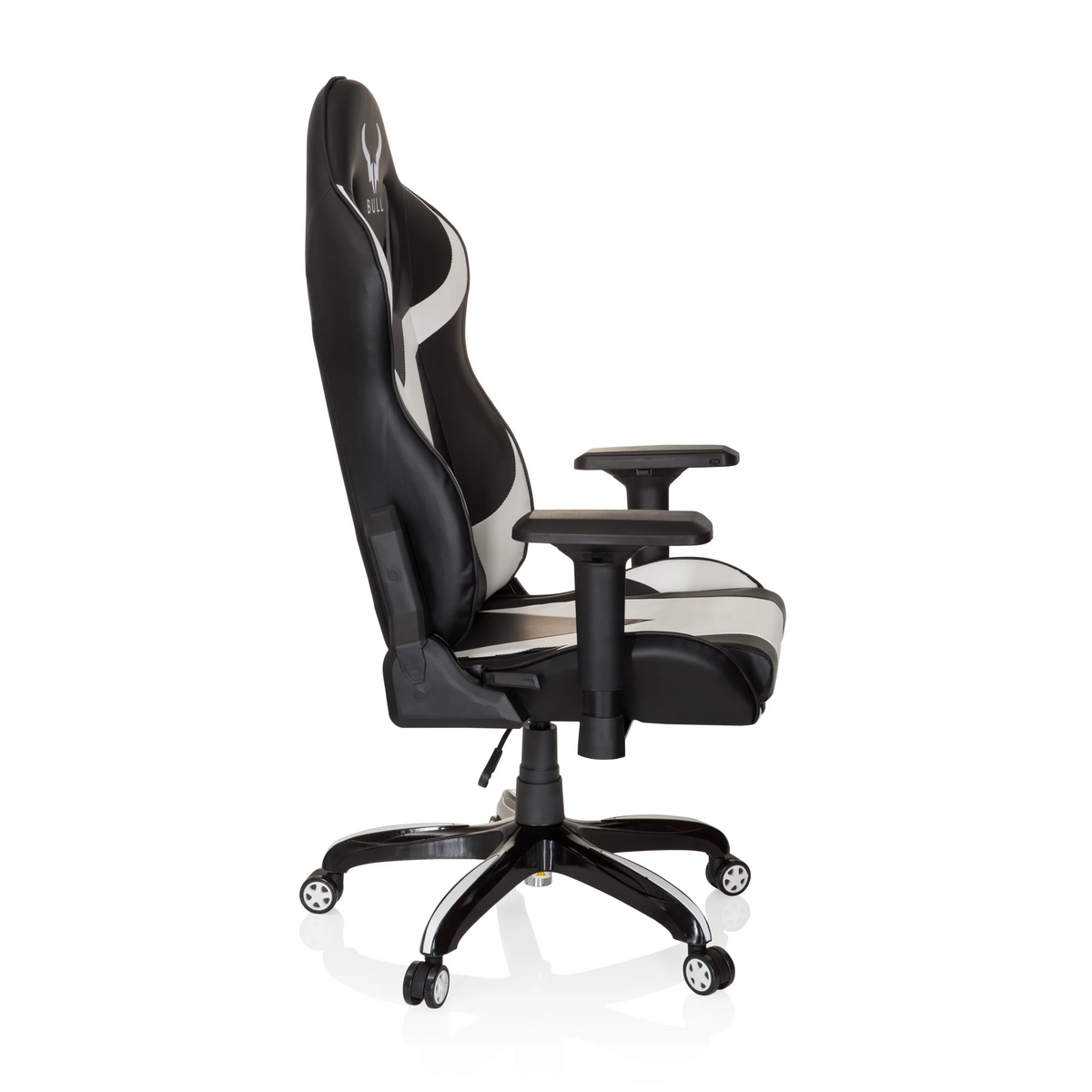Sedia da gaming PROMOTER I bianca e nera con braccioli e base a cinque ruote di hjh OFFICE – vista a 360° (profilo laterale 80°)