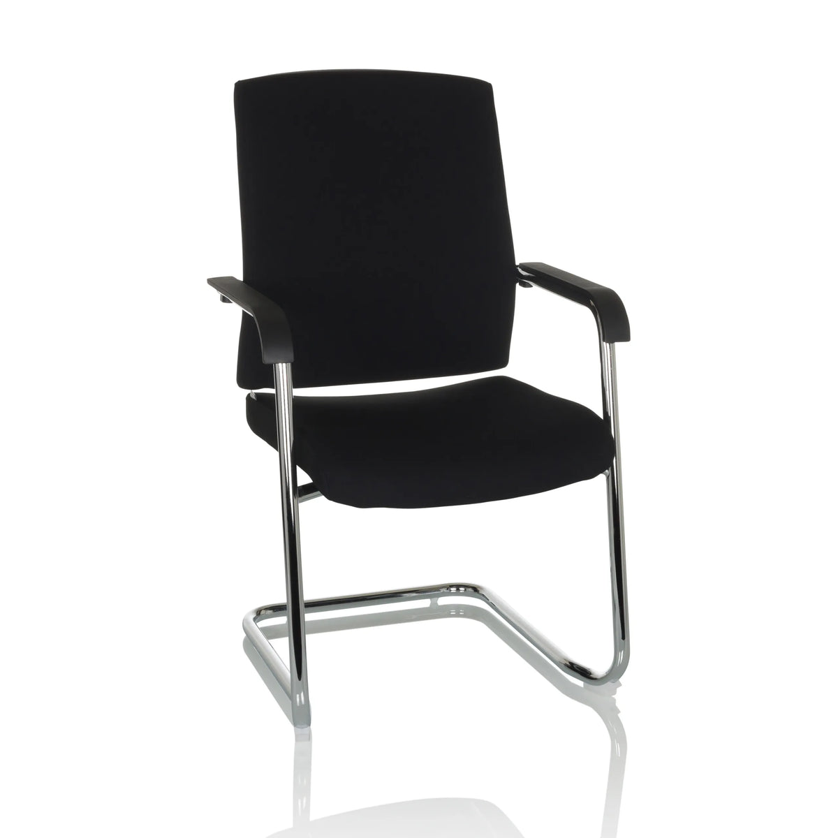 Sedia a sbalzo LEVIA VP nera con braccioli e struttura cromata di hjh OFFICE – vista a 360° (vista frontale 15°)