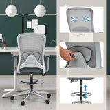 Sedia da banco Top Work 44 W grigia con schienale in rete, poggiapiedi e regolazione dell'altezza di hjh OFFICE
