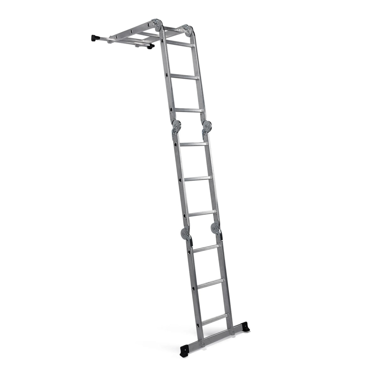 Silberne Klappleiter SOLID W3 aus Aluminium mit zwölf Stufen von hjh OFFICE – 360-Grad-Ansicht (schräge Rückenansicht 144°)