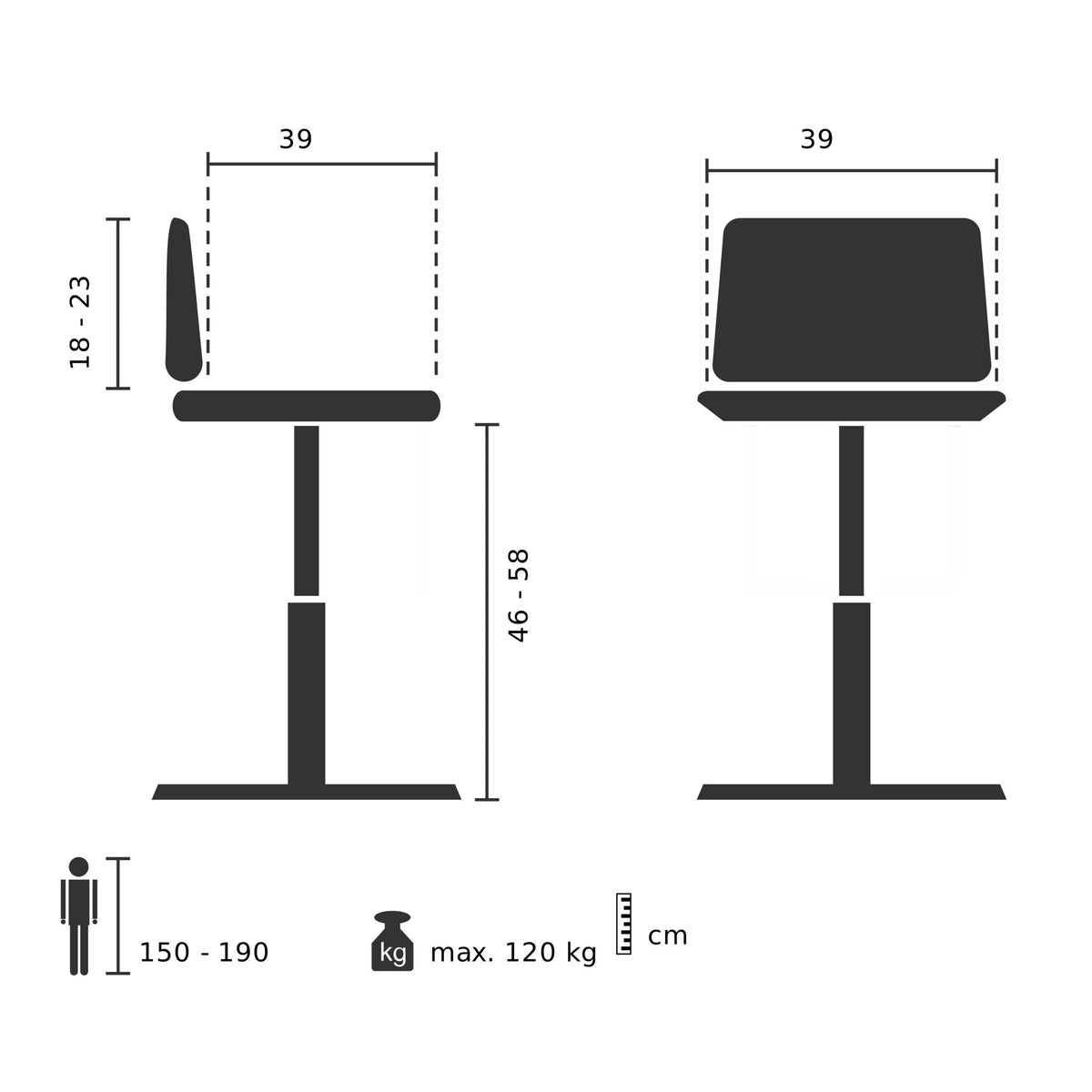 Technische Zeichnung des Drehhockers TOP WORK FLEX mit einer Sitzhöhe von 46 bis 58 cm von hjh OFFICE