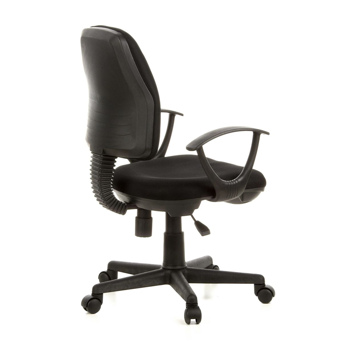 Schwarzer Homeoffice-Bürostuhl CITY 10 mit Netzrücken, Armlehnen und Fußkreuz mit fünf Rollen von hjh OFFICE – 360-Grad-Ansicht (schräge Rückenansicht 120°)