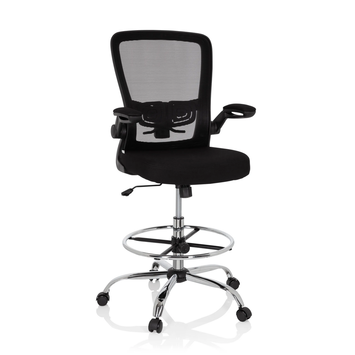 Sedia da banco VENDO WORK nera con schienale in rete, poggiapiedi e base a cinque ruote di hjh OFFICE – vista a 360° (vista frontale 19°)
