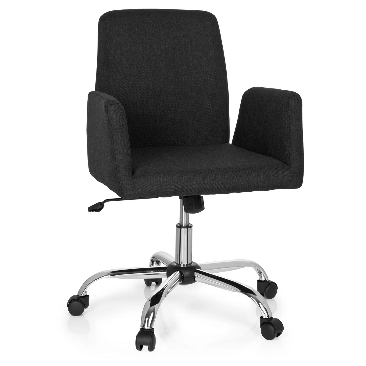 Sedia Home Office FLOW nera con braccioli e base cromata a cinque ruote di hjh OFFICE – vista a 360° (vista frontale 20°)