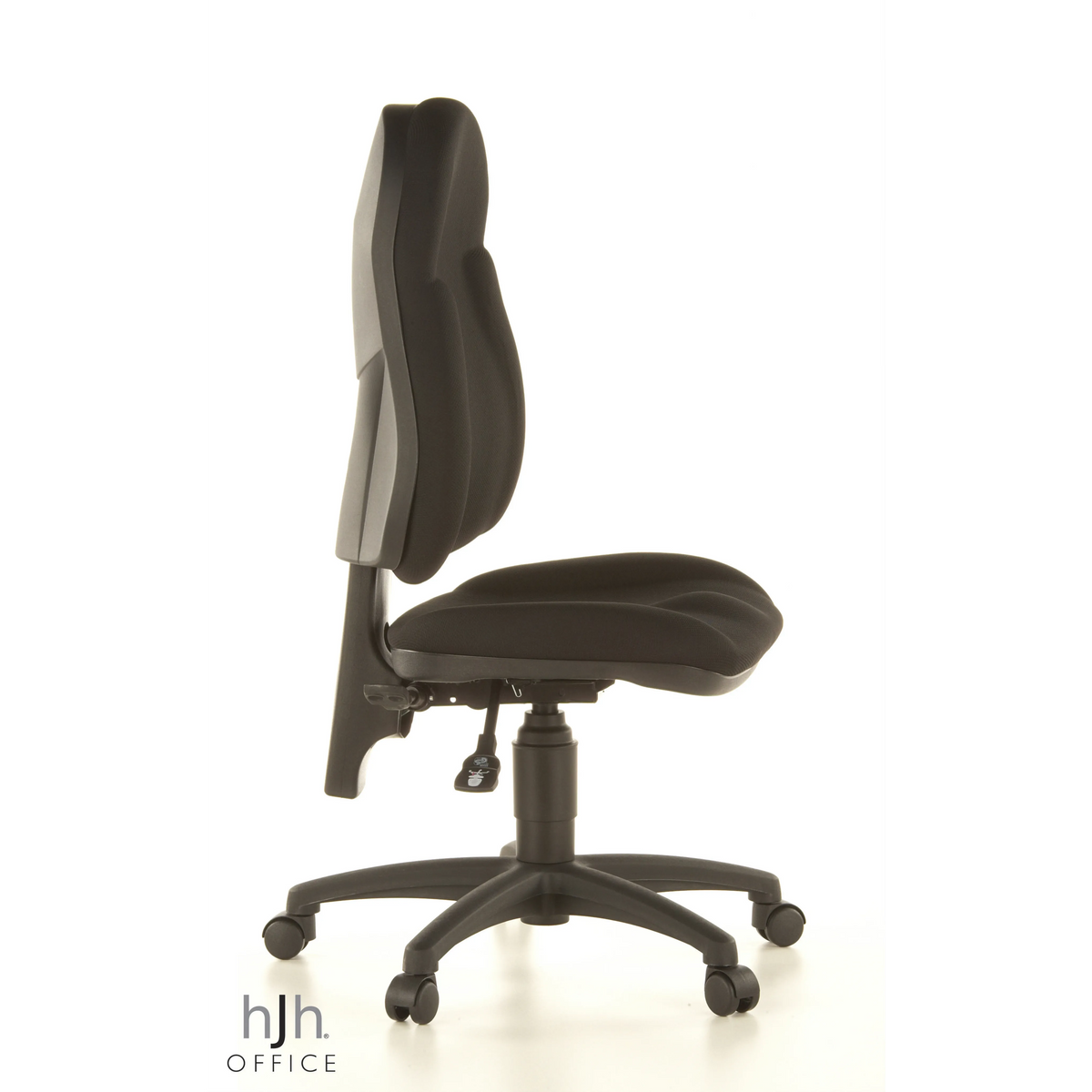Schwarzer Homeoffice-Bürostuhl WELLPOINT 10 mit Fußkreuz und fünf Rollen von Topstar – 360-Grad-Ansicht (Seitenprofil 80°)