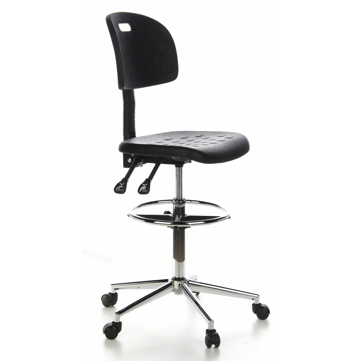 Sedia da banco nera TOP WORK 23 con poggiapiedi e base a cinque ruote di hjh OFFICE – vista a 360° (vista frontale a tre quarti 60°)