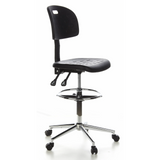 Sedia da banco nera TOP WORK 23 con poggiapiedi e base a cinque ruote di hjh OFFICE – vista a 360° (vista frontale a tre quarti 60°)