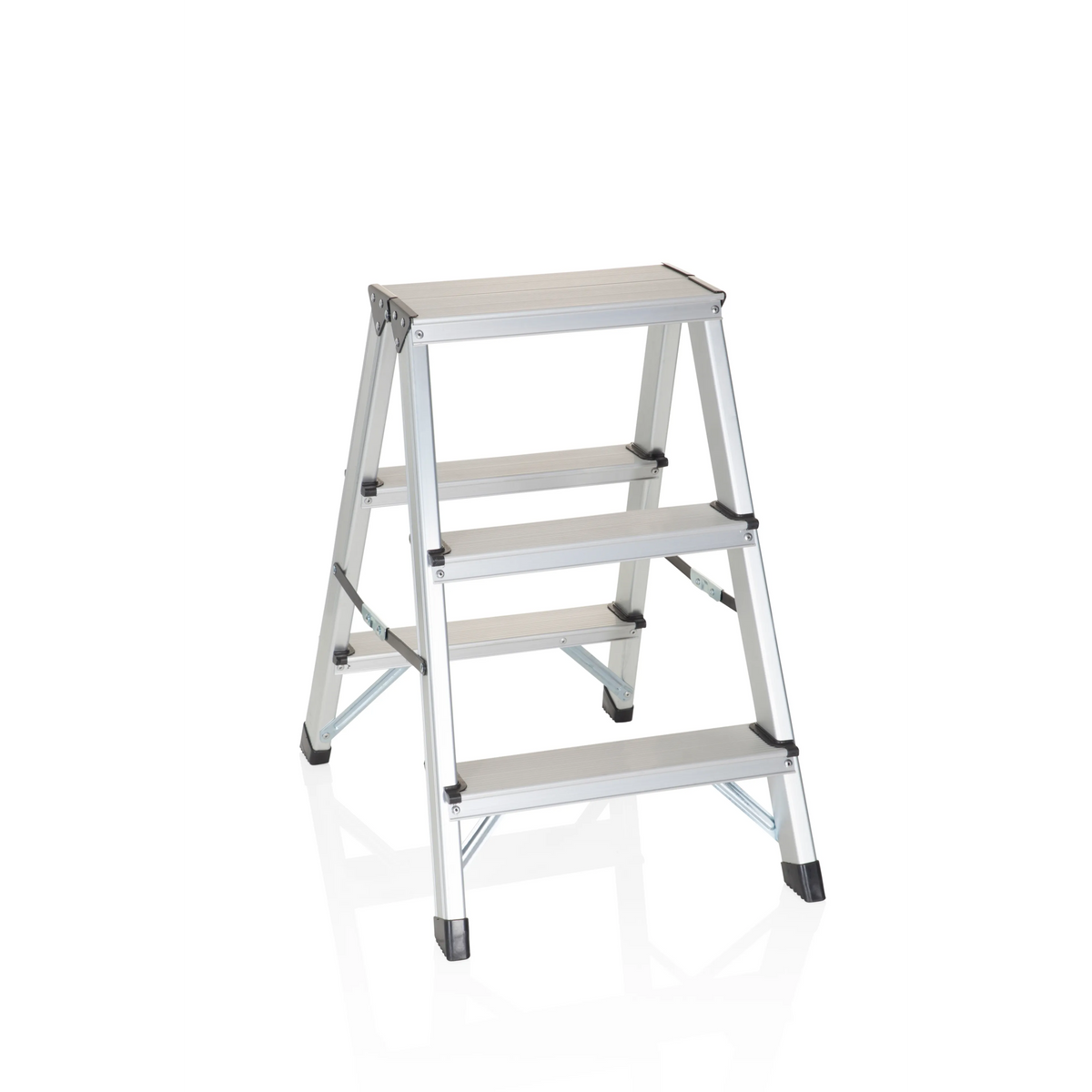 Silberne Klappleiter SOLID aus Aluminium mit drei Stufen von hjh OFFICE – 360-Grad-Ansicht (Frontansicht 20°)
