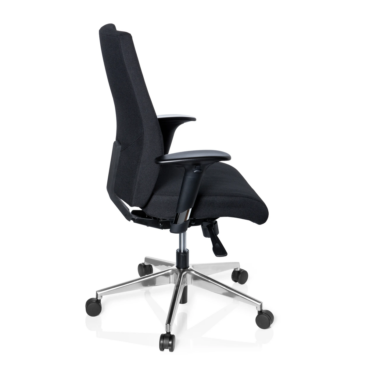 Sedia da ufficio professionale PRO-TEC 250 nera con braccioli e base a cinque ruote di hjh OFFICE – vista a 360° (profilo laterale 100°)