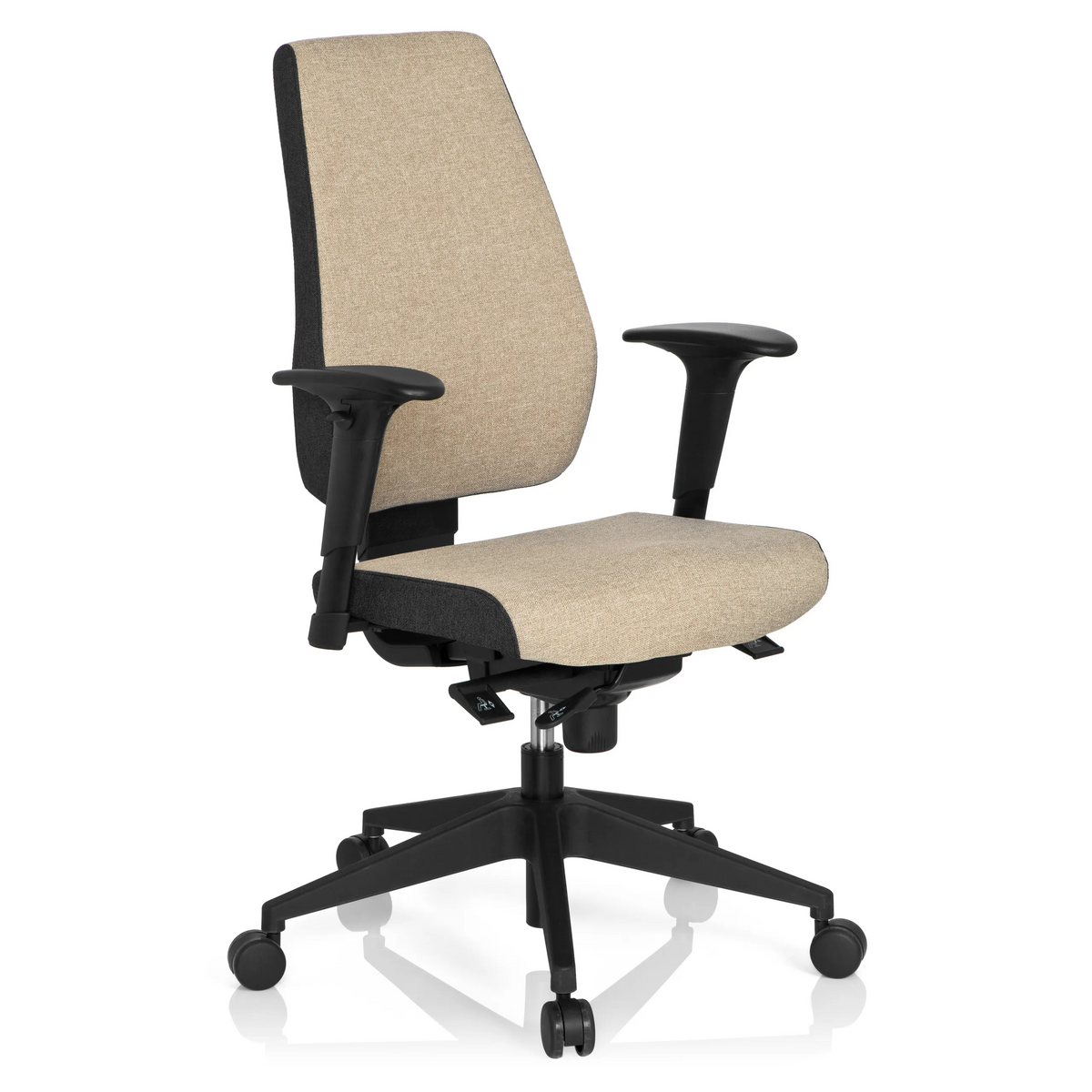 Sedia da ufficio professionale PRO-TEC 500 beige con braccioli e base nera a cinque ruote di hjh OFFICE – vista a 360° (vista frontale a tre quarti 40°)