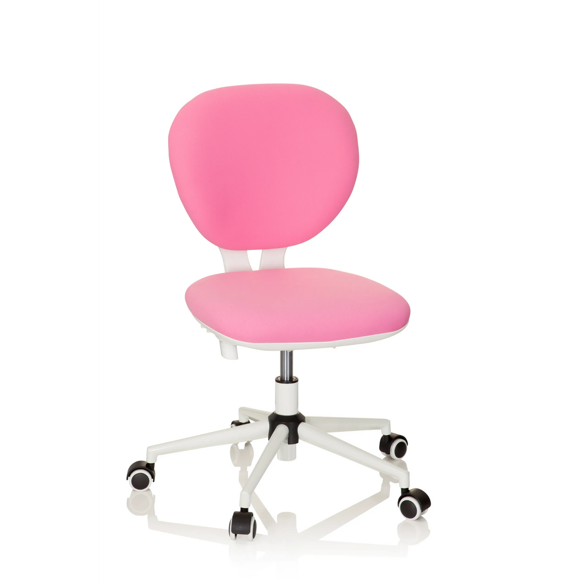 Sedia girevole per bambini KID VIVO rosa con base bianca e cinque rotelle di hjh OFFICE – vista a 360° (vista frontale 20°)