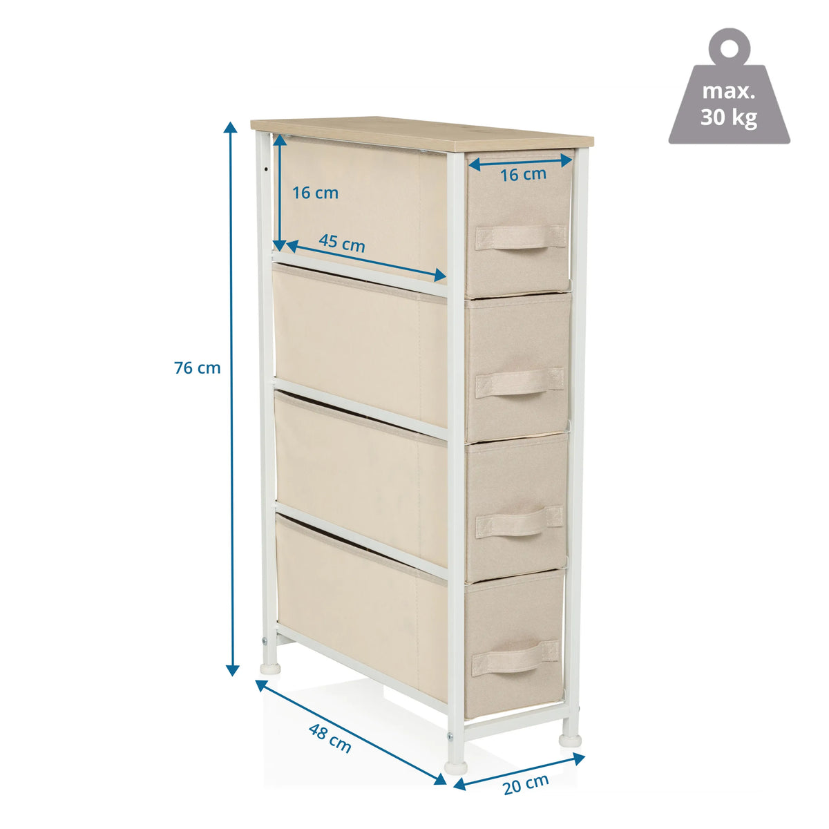Disegno dimensionale della Cassettiera FOLDRESS S con 76 × 48 cm e quattro cassetti di hjh LIVING