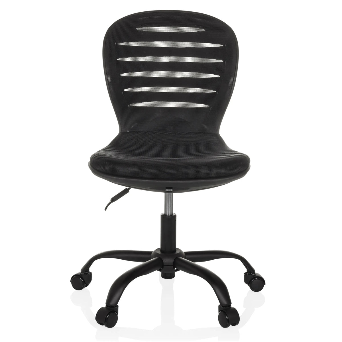 Sedia Home Office CASLA nera con schienale in rete e base a cinque ruote di hjh OFFICE – vista a 360° (vista frontale 0°)