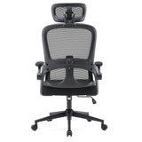 Vista posteriore della sedia da ufficio professionale MC102C-M101 in nero con schienale in rete, poggiatesta e base a ruote di Sihoo