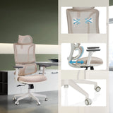 Sedia da ufficio professionale ERGOMY W beige con schienale in rete, profondità del sedile regolabile e base bianca di MyBuero
