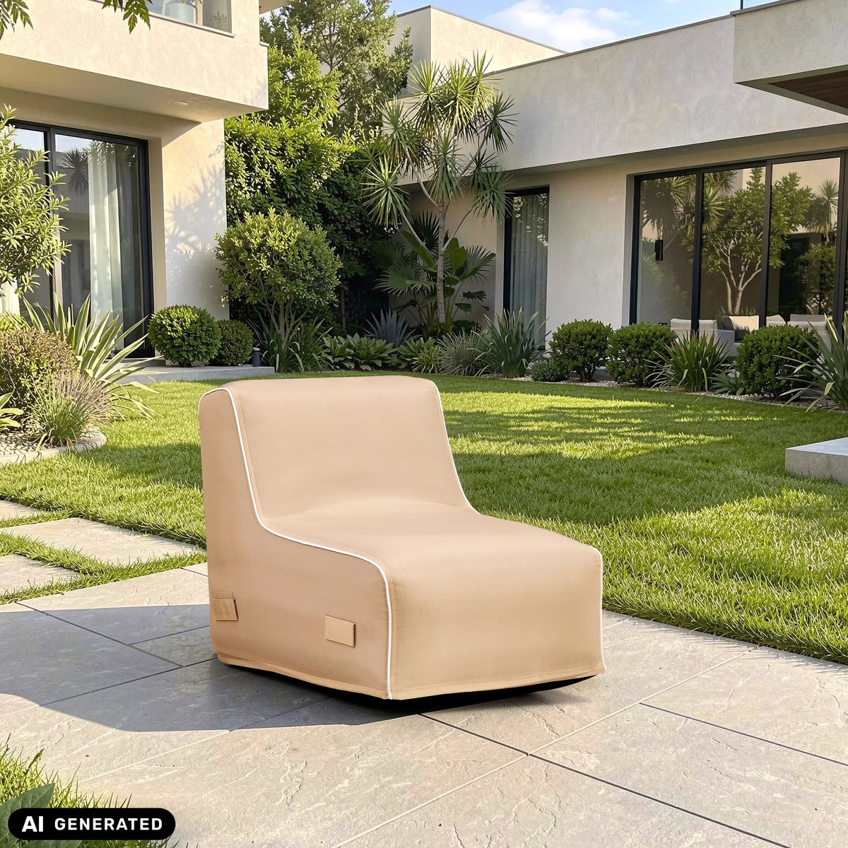 Divano gonfiabile Sitzolo Air beige su una terrazza davanti a un'area verde di hjh LIVING (immagine generata dall’IA)