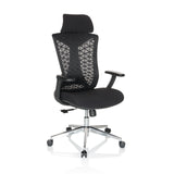 Sedia da ufficio professionale FALEO B nera con schienale in rete e base a cinque ruote di hjh OFFICE – vista a 360° (vista frontale a tre quarti 30°)