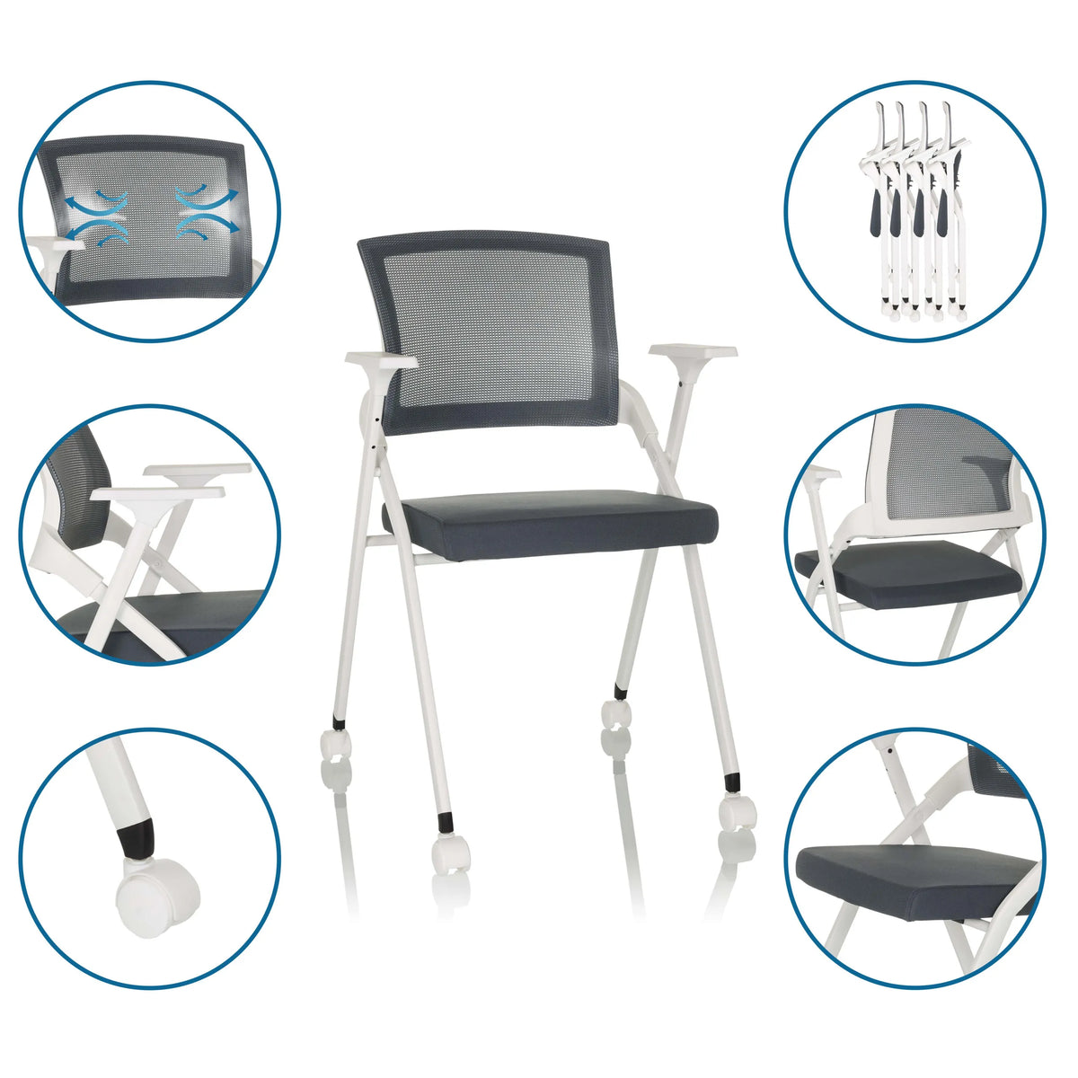 Sedia pieghevole PRIORITY II W grigia con schienale in rete, gambe bianche e ruote di hjh OFFICE