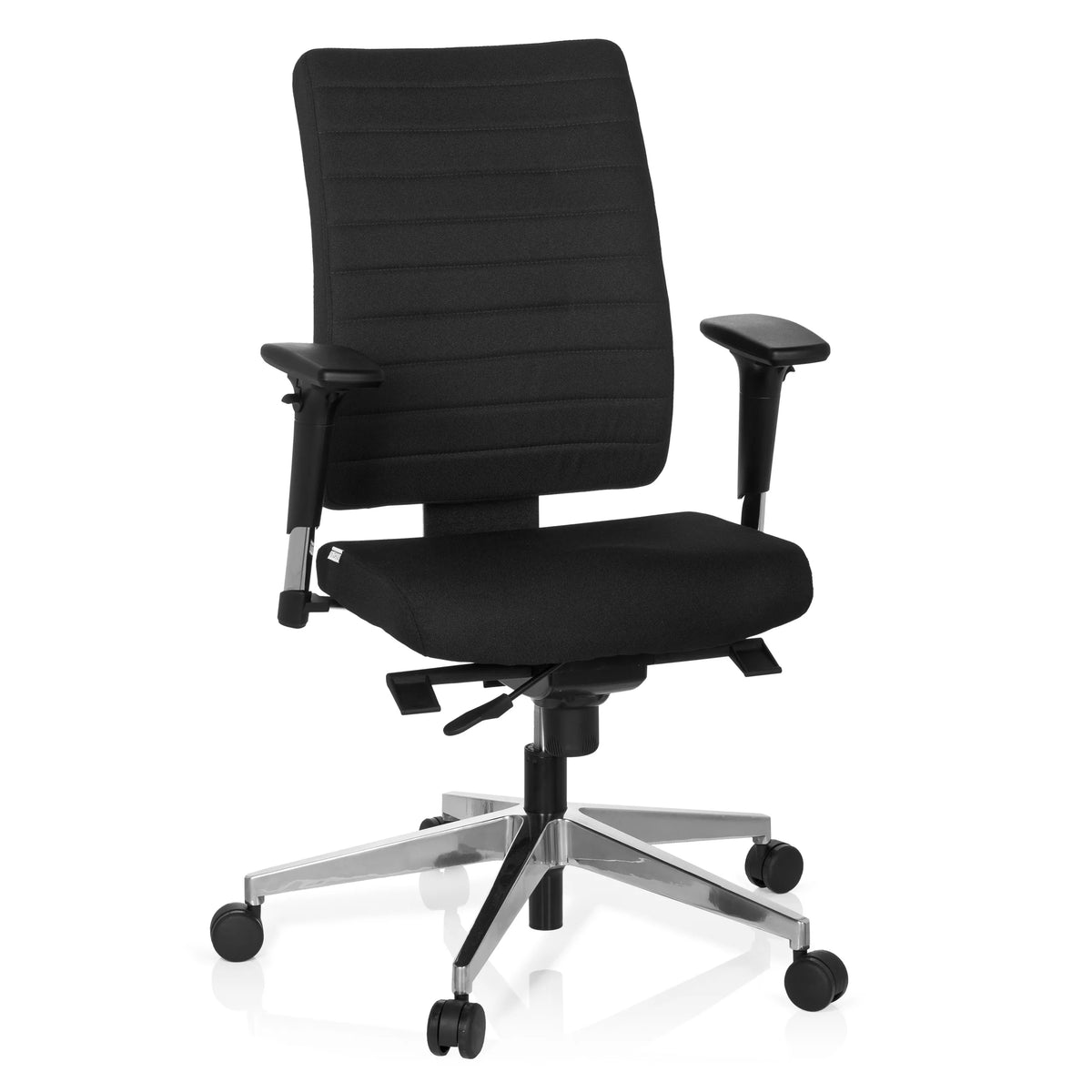 Sedia da ufficio professionale PRO-TEC 350 nera con braccioli e base argentata a cinque ruote di hjh OFFICE – vista a 360° (vista frontale 20°)