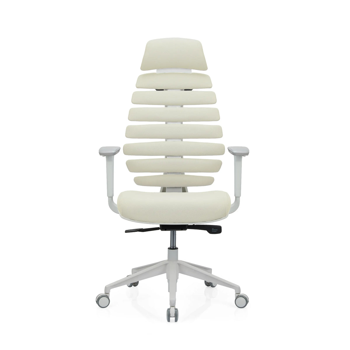 Sedia da ufficio professionale ERGO LINE W beige con schienale segmentato e base bianca di hjh OFFICE – vista a 360° (vista frontale 0°)