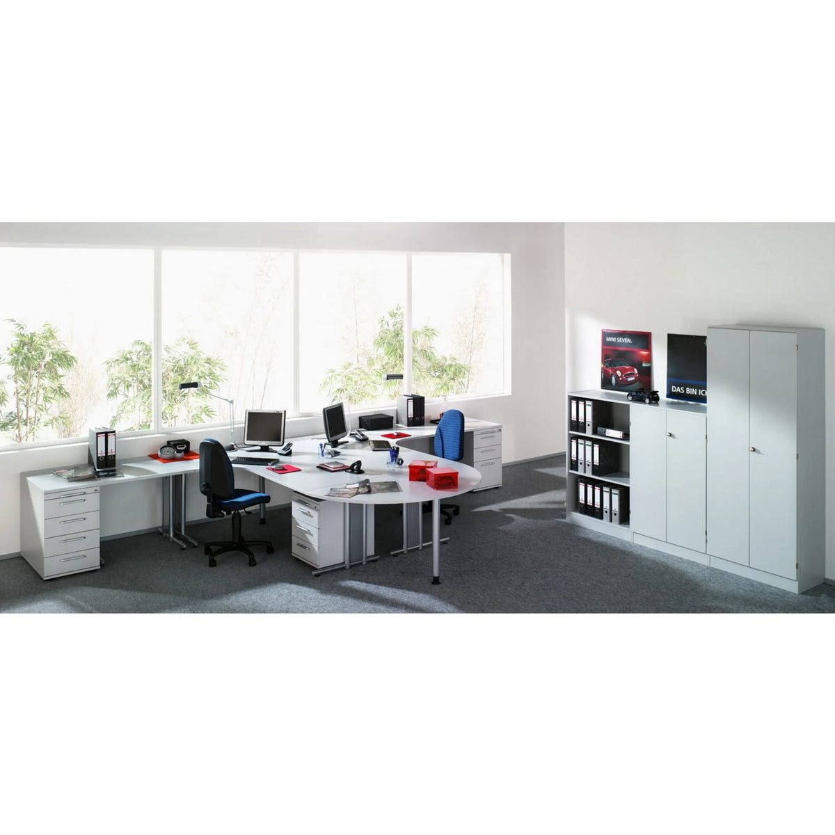 Scrivania NANO 82 S in grigio e argento con cassettiera mobile e credenza integrate di hjh OFFICE PRO