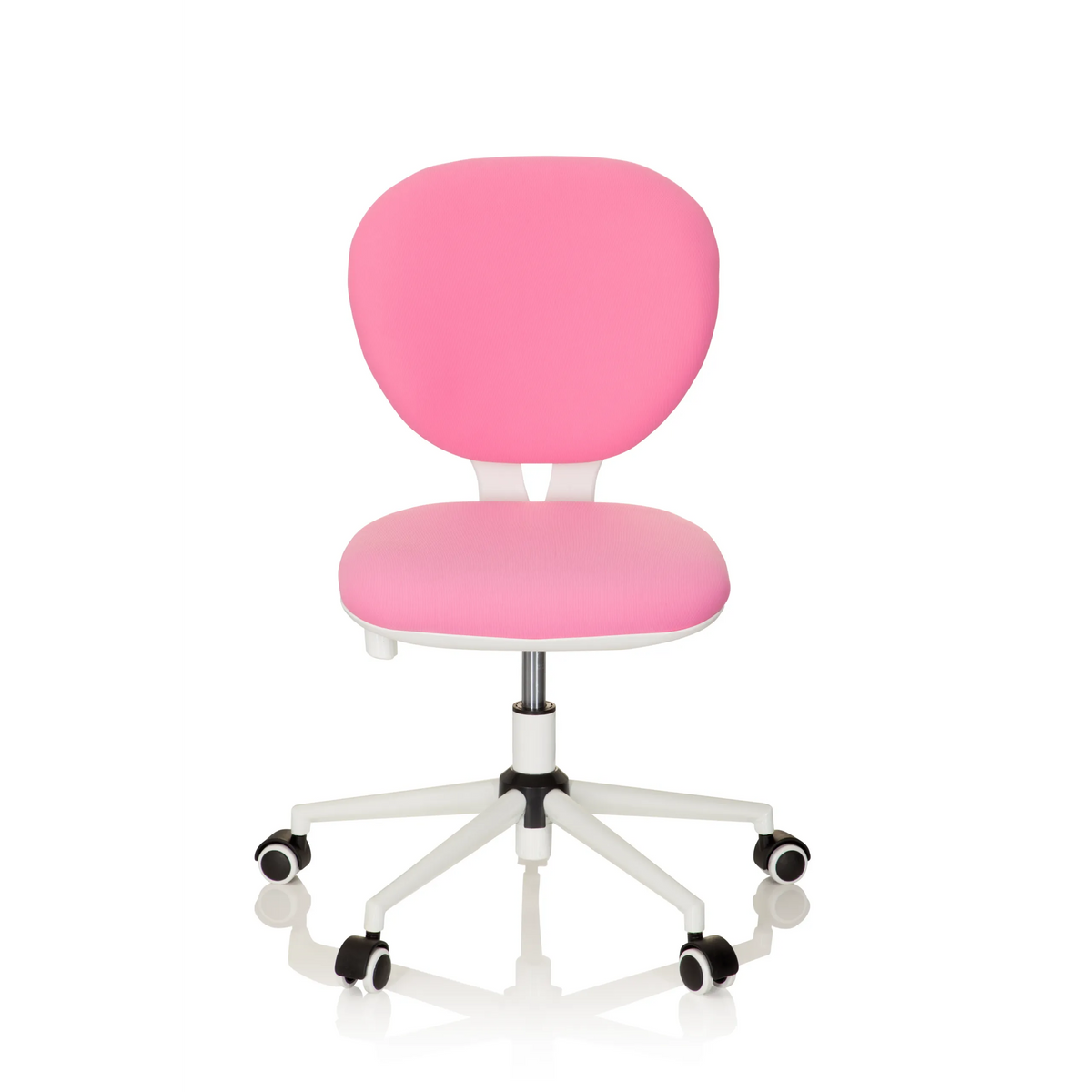 Sedia girevole per bambini KID VIVO rosa con base bianca e cinque rotelle di hjh OFFICE – vista a 360° (vista frontale 0°)