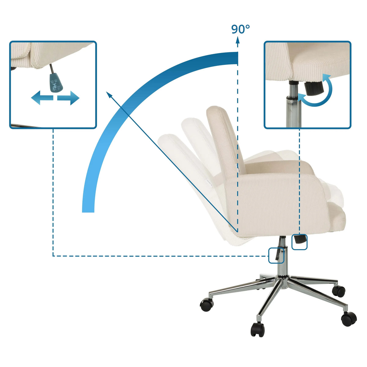 Altezza del sedile regolabile e inclinazione dello schienale a 90 gradi della Sedia Home Office SOLAO CORD di hjh OFFICE