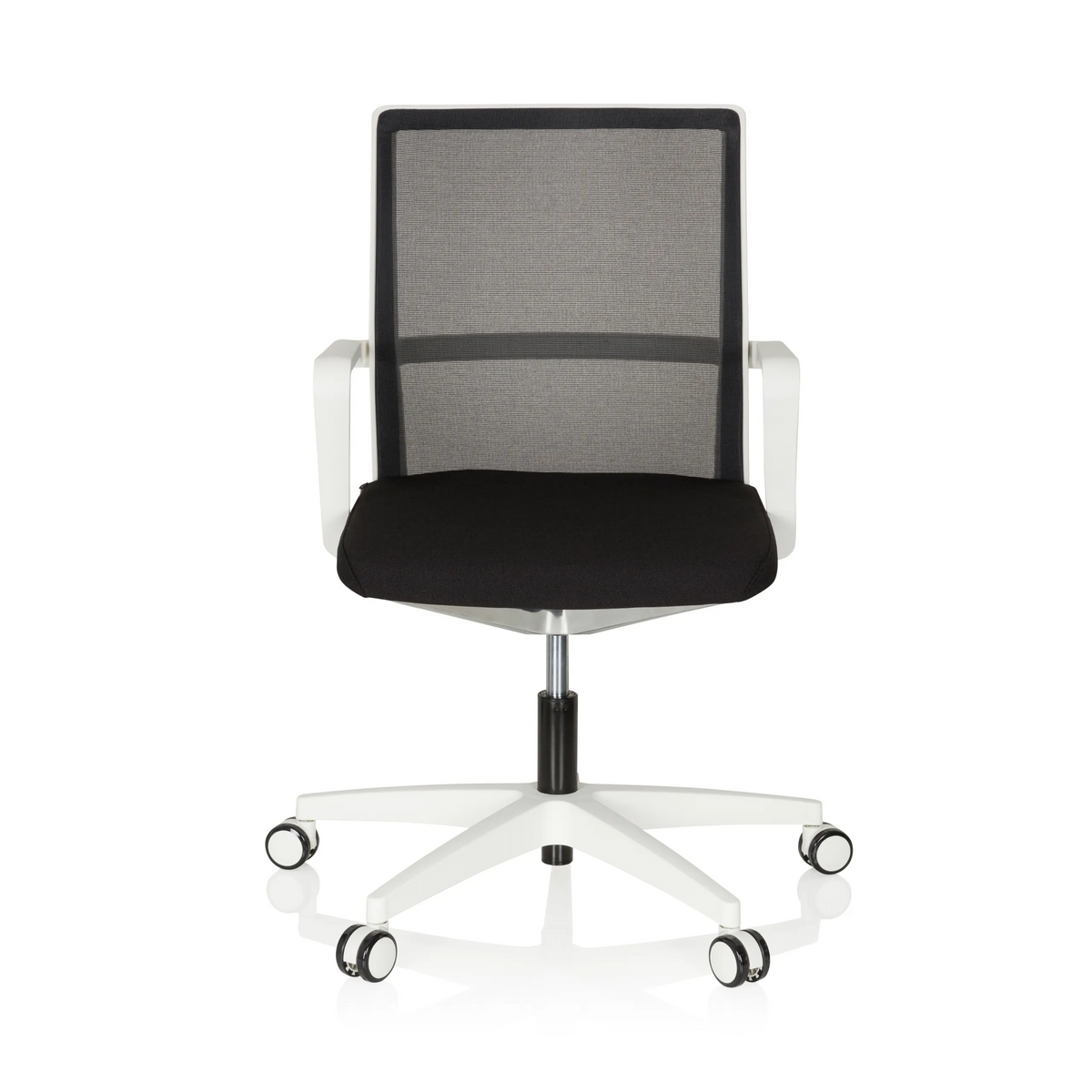 Sedia da ufficio professionale MOVE-TEC NET 3D W bianca e nera con schienale in rete e base bianca a cinque ruote di hjh OFFICE – vista a 360° (vista frontale 0°)
