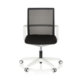 Sedia da ufficio professionale MOVE-TEC NET 3D W bianca e nera con schienale in rete e base bianca a cinque ruote di hjh OFFICE – vista a 360° (vista frontale 0°)