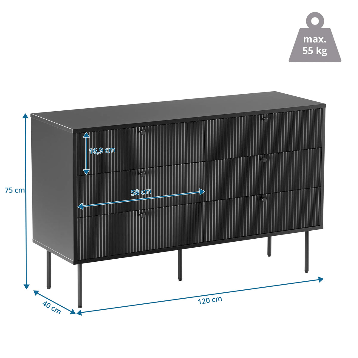 Disegno dimensionale della Madia KARBY S con 120 × 40 cm di hjh LIVING