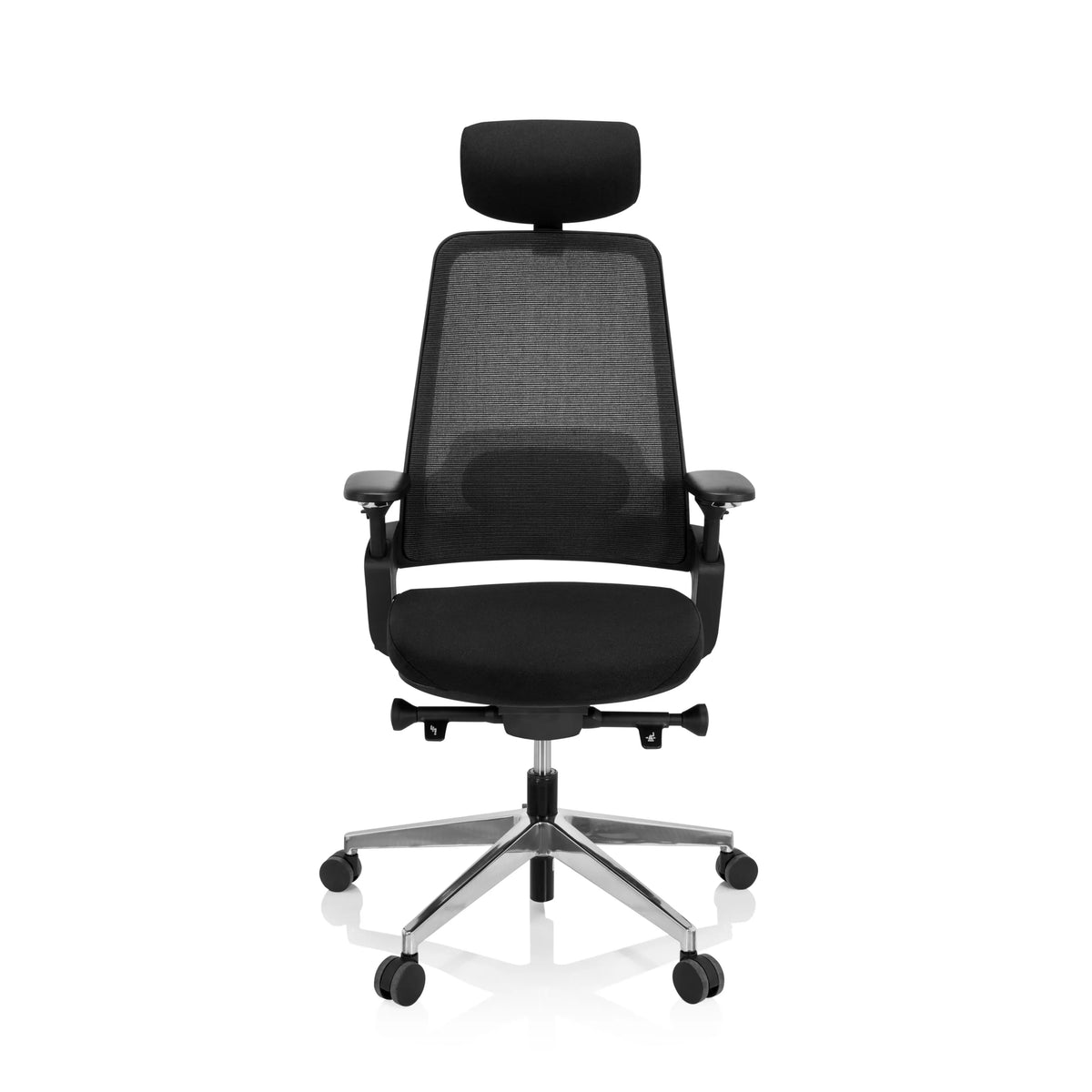 Sedia da ufficio professionale BRACIO nera con schienale in rete, poggiatesta e base a cinque ruote di hjh OFFICE – vista a 360° (vista frontale 0°)