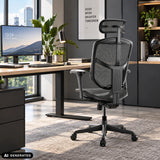 Sedia da ufficio professionale Enjoy Eco MB nera con schienale in rete e poggiatesta in un ufficio di hjh OFFICE (immagine generata dall’IA)