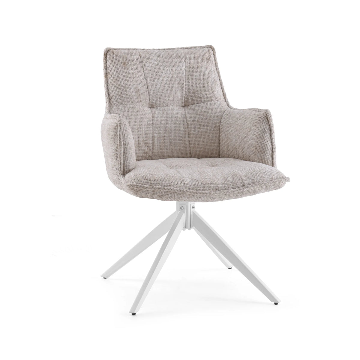 Sedia per sala da pranzo Tavaro beige con imbottitura e struttura bianca a quattro gambe di hjh LIVING – vista a 360° (vista frontale 15°)