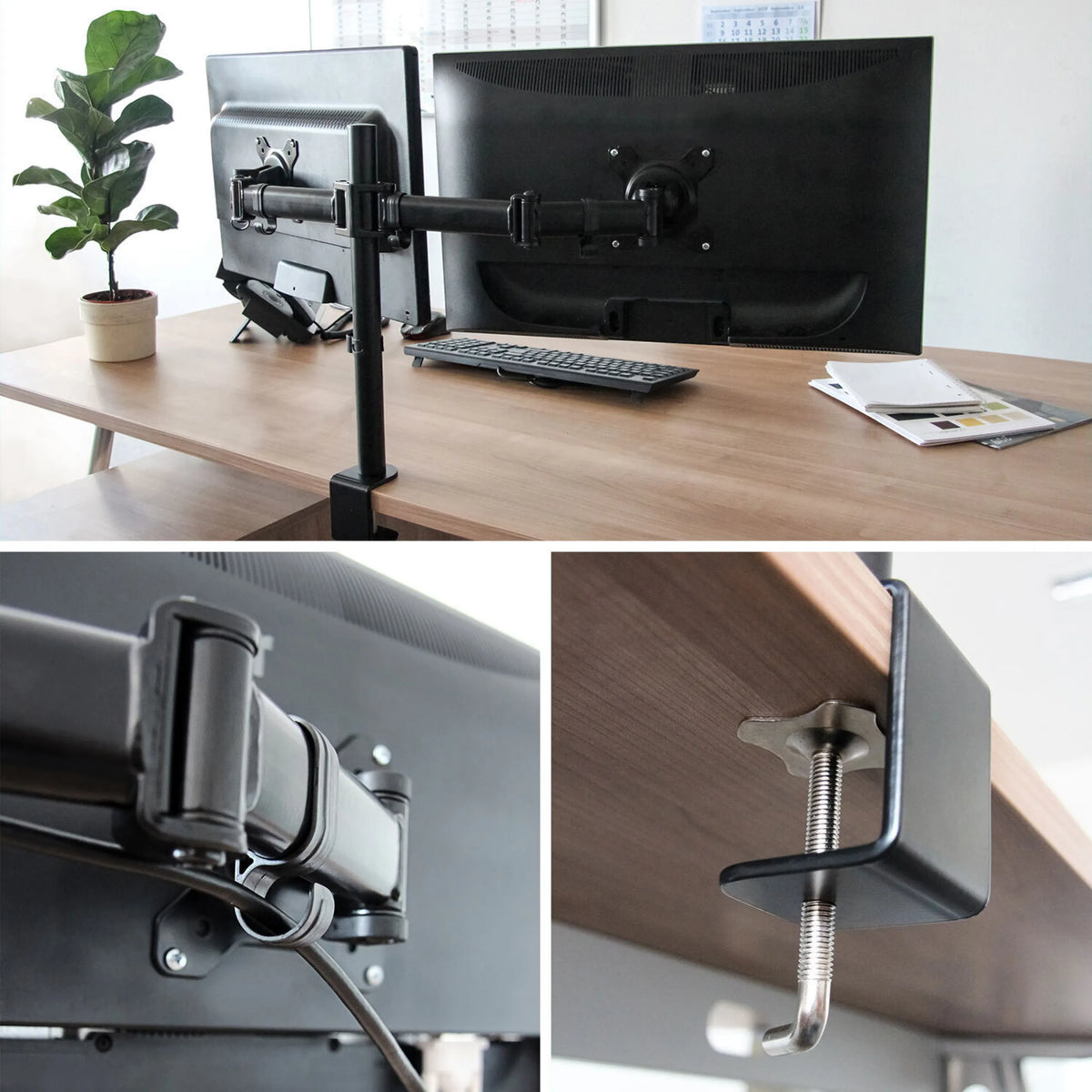 Gestione dei cavi e fissaggio al tavolo del supporto per monitor VM-MF2 in nero di hjh OFFICE