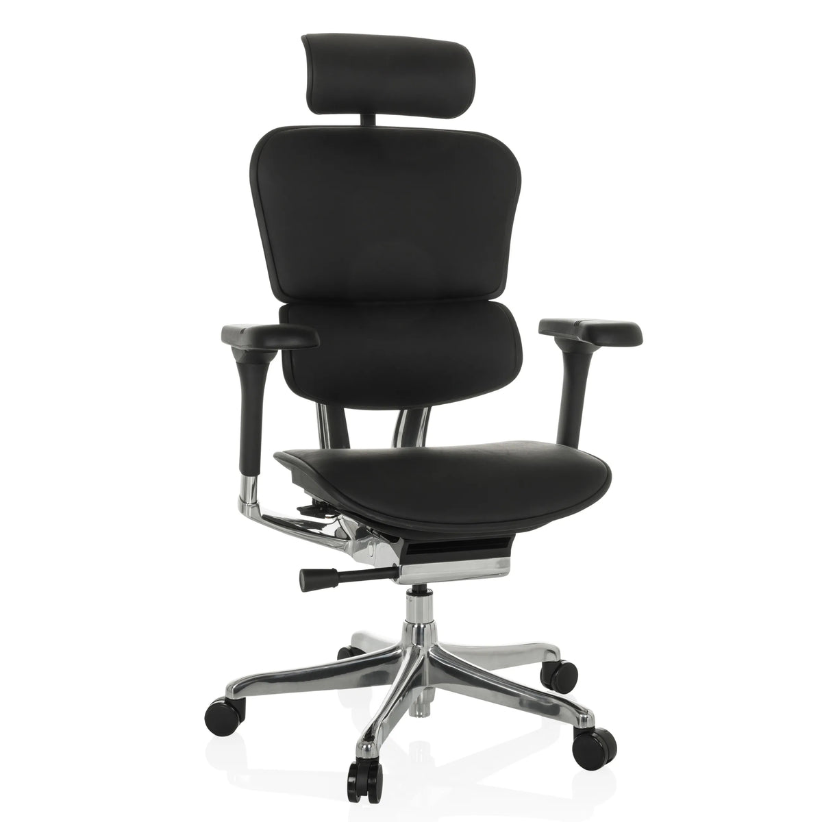 Poltrona di lusso ERGOHUMAN GEN2 nera in pelle con poggiatesta e base a cinque ruote di hjh OFFICE – vista a 360° (vista frontale 15°)