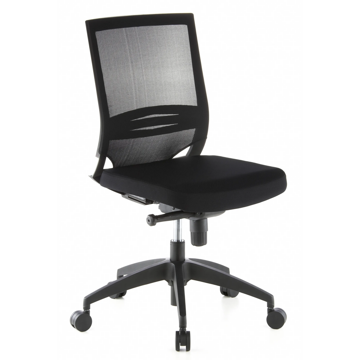 Sedia da ufficio professionale PORTO ECO nera con schienale in rete e base a cinque ruote di hjh OFFICE – vista a 360° (vista frontale a tre quarti 40°)