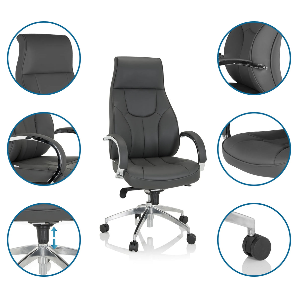 Poltrona professionale ELEGANCE I grigia con viste dettagliate del rivestimento, dei braccioli e del pistone a gas di hjh OFFICE
