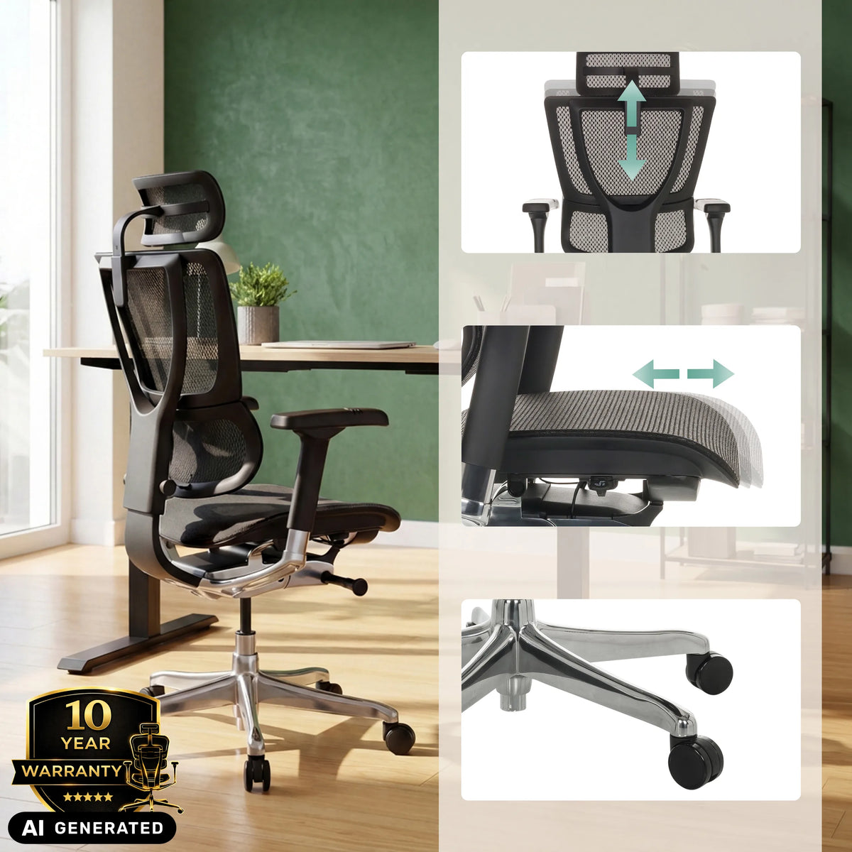 Poltrona di lusso ERGOHUMAN SLIM GEN2 con poggiatesta e profondità del sedile regolabili di hjh OFFICE (immagine generata dall’IA)