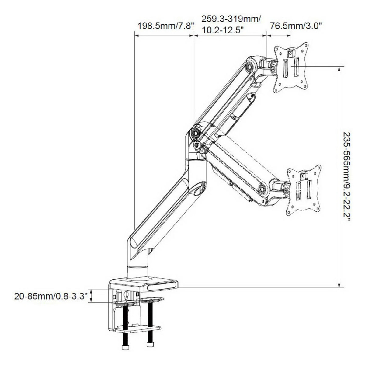 Disegno tecnico del Supporto per monitor VM-MG1S con un'altezza massima di 565 mm di hjh OFFICE