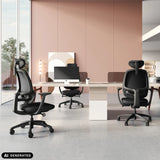 Tre sedie da ufficio professionali RI-COVER nere a una scrivania di hjh OFFICE (immagine generata dall’IA)