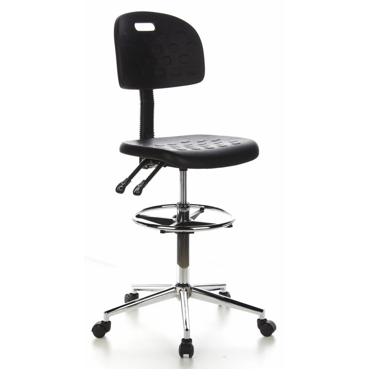 Sedia da banco nera TOP WORK 23 con poggiapiedi e base a cinque ruote di hjh OFFICE – vista a 360° (vista frontale a tre quarti 40°)
