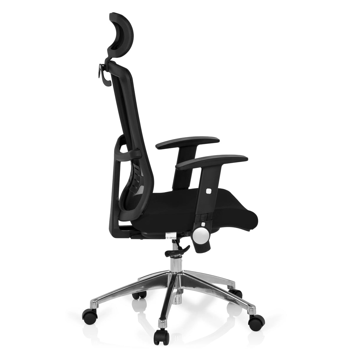 Sedia da ufficio professionale CAYEN nera con schienale in rete, poggiatesta e base a cinque ruote di hjh OFFICE – vista a 360° (profilo laterale 100°)