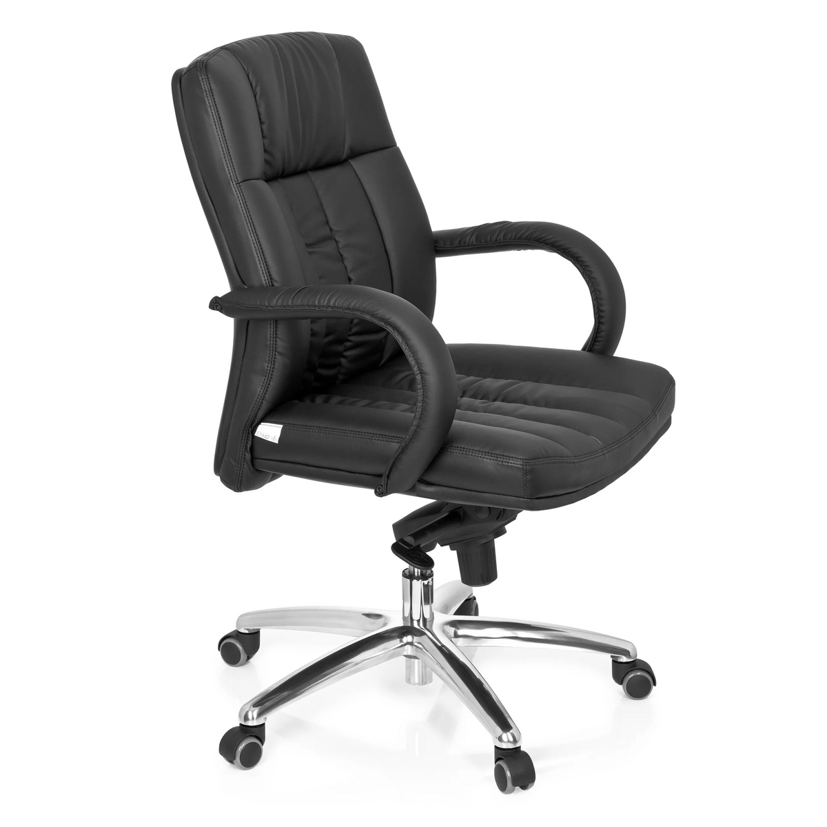 Sedia girevole XXL G 100 nera con imbottitura trapuntata e base a cinque ruote di hjh OFFICE – vista a 360° (vista frontale a tre quarti 60°)