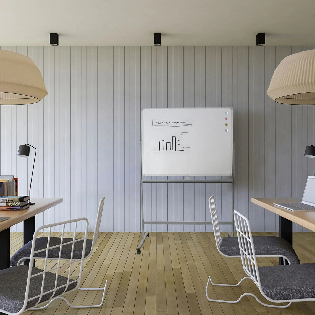 Lavagna bianca MULTIBOARD I in bianco e argento su un supporto con ruote in un ufficio moderno di hjh OFFICE